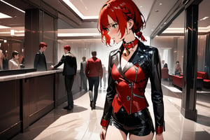 nice hands, perfect hands, best quality, highly detailed, masterpiece, ultra-detailed, illustration, 1girl, solo, Red hair, short hair, little braid, green eyes,, small breasts, Red collar bell, red vest, black leather jacket, red hanging, shorts, short boots,disgusted eyes,Hotel lobby, people coming and going, standing