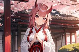  best quality,highly detailed,masterpiece,ultra-detailed,illustration,1girl,solo,{{{{two red little horns in head}}}},oni horns,hime_cut,pink eyes,pink hair,1girl,Japanese witch costume,miko,red japanese miko clothes,Girl stands under the cherry blossom tree, praying with hands and smiling