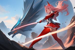 A masterpiece of ultra-detailed illustration depicts a stunning giantess standing confidently on one leg, her pink hair flowing in the wind. Her eyes gleam bright pink as she dons silver and red tights. The focal point is the two small, fiery red horns protruding from her head. She wears a hime-cut hairstyle, framing her face. In the background, towering mountains stretch towards the sky. As she prepares for battle, she charges forward with a mighty round kick, ready to attack the dark lizard monster that looms before her.(Ultraman)