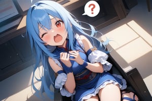{{{loli}}},four fingers and a thumb,,nice hands, perfect hands, best quality, highly detailed, masterpiece, ultra-detailed, illustration, best quality, highly detailed, masterpiece, ultra-detailed, illustration, long hair, blue hair, red eyes, {{masterpiece}}, small breasts, ahoge, 1girl, {{{blue chinese clothes}}}, {{{{{{{{blue tabard}}}}}}}}, detached sleeves, {{wide sleeves}}, long sleeves, {{frilled sleeves}}, blue skirt, {{frilled skirt}}, {{miniskirt}}, {{obi}}, blue stockings, open toe sandals, Indoors, office, girl sitting on sofa chair ,yawning,Yawn, close one eye,spoken question mark,Open your mouth wide