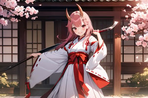  best quality,highly detailed,masterpiece,ultra-detailed,illustration,1girl,solo,{{{{two red little horns in head}}}},oni horns,hime_cut,pink eyes,pink hair,1girl,Japanese witch costume,miko,red japanese miko clothes,Girl stands under the cherry blossom tree, smiling, {{{holding a naginata in both hands}}}