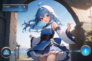 {{{loli}}},four fingers and a thumb,,nice hands, perfect hands, best quality, highly detailed, masterpiece, ultra-detailed, illustration, best quality, highly detailed, masterpiece, ultra-detailed, illustration, long hair, blue hair, red eyes, {{masterpiece}}, small breasts, ahoge, 1girl, {{{blue chinese clothes}}}, {{{{{{{{blue tabard}}}}}}}}, detached sleeves, {{wide sleeves}}, long sleeves, {{frilled sleeves}}, blue skirt, {{frilled skirt}}, {{miniskirt}}, {{obi}}, blue stockings, open toe sandals, smile, game screen,,(Princess Maker),,{{user interface,gameplay_mechanics,fake screenshot}} ,{{masterpiece}}, {{{best quality}}}, {{ultra-detailed}}, {{illustration}}, {{disheveled hair}},depth of field,loli,{{{torn clothes}}},Dialog text box