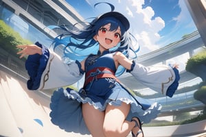 {{{loli}}},four fingers and a thumb,,nice hands, perfect hands, best quality, highly detailed, masterpiece, ultra-detailed, illustration, best quality, highly detailed, masterpiece, ultra-detailed, illustration, long hair, blue hair, red eyes, {{masterpiece}}, small breasts, ahoge, 1girl, {{{blue chinese clothes}}}, {{{{{{{{blue tabard}}}}}}}}, detached sleeves, {{wide sleeves}}, long sleeves, {{frilled sleeves}}, blue skirt, {{frilled skirt}}, {{miniskirt}}, {{obi}}, blue stockings, open toe sandals,Happy, outdoor, sky garden, baseball cap, baseball glove
