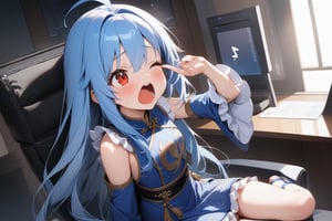 {{{loli}}},four fingers and a thumb,,nice hands, perfect hands, best quality, highly detailed, masterpiece, ultra-detailed, illustration, best quality, highly detailed, masterpiece, ultra-detailed, illustration, long hair, blue hair, red eyes, {{masterpiece}}, small breasts, ahoge, 1girl, {{{blue chinese clothes}}}, {{{{{{{{blue tabard}}}}}}}}, detached sleeves, {{wide sleeves}}, long sleeves, {{frilled sleeves}}, blue skirt, {{frilled skirt}}, {{miniskirt}}, {{obi}}, blue stockings, open toe sandals, Indoors, office, girl sitting on sofa chair ,yawning,Yawn, close one eye,spoken question mark,Open your mouth wide