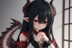 solo,{{{ loli}}},{{{{ nice hands}}}, {{{perfect hands}}}, best quality, highly detailed, masterpiece, ultra-detailed, illustration, long hair, black hair, red eyes, {{masterpiece}}, small breasts, empty eyes, ahoge, bangs that cover one eye, {{{black chinese clothes}}}, {{{{{{{{black tabard}}}}}}}}, detached sleeves, {{wide sleeves}}, long sleeves, {{frilled sleeves}}, black skirt, {{frilled skirt}}, {{miniskirt}}, {{obi}}, black stockings, mary_janes,shy, monster girl, dragon girl, {{{dragon tail}}}, scales, {{{horns}}},,official style, game cg,  very aesthetic, best quality,cupping_hands, own_hands_together,