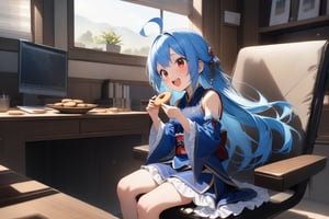 {{{loli}}},four fingers and a thumb,,nice hands, perfect hands, best quality, highly detailed, masterpiece, ultra-detailed, illustration, best quality, highly detailed, masterpiece, ultra-detailed, illustration, long hair, blue hair, red eyes, {{masterpiece}}, small breasts, ahoge, 1girl, {{{blue chinese clothes}}}, {{{{{{{{blue tabard}}}}}}}}, detached sleeves, {{wide sleeves}}, long sleeves, {{frilled sleeves}}, blue skirt, {{frilled skirt}}, {{miniskirt}}, {{obi}}, blue stockings, open toe sandals, Indoors, office, girl sitting on sofa chair eating cookies,Happy, Chewing Cookies