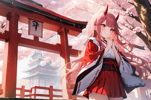  best quality,highly detailed,masterpiece,ultra-detailed,illustration,1girl,solo,{{{{two red little horns in head}}}},oni horns,hime_cut,pink eyes,pink hair,1girl,Japanese witch costume,miko,red japanese miko clothes,Girl stands under the cherry blossom tree, praying with hands and smiling