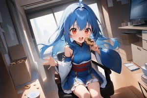 {{{loli}}},four fingers and a thumb,,nice hands, perfect hands, best quality, highly detailed, masterpiece, ultra-detailed, illustration, best quality, highly detailed, masterpiece, ultra-detailed, illustration, long hair, blue hair, red eyes, {{masterpiece}}, small breasts, ahoge, 1girl, {{{blue chinese clothes}}}, {{{{{{{{blue tabard}}}}}}}}, detached sleeves, {{wide sleeves}}, long sleeves, {{frilled sleeves}}, blue skirt, {{frilled skirt}}, {{miniskirt}}, {{obi}}, blue stockings, open toe sandals, Indoors, office, girl sitting on sofa chair eating cookies,Happy, Chewing Cookies