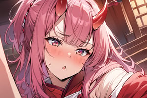  best quality,highly detailed,masterpiece,ultra-detailed,illustration,1girl,solo,{{{{two red little horns in head}}}},oni horns,hime_cut,pink eyes,pink hair,1girl,Japanese witch costume,miko,red japanese miko clothes,