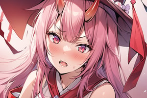  best quality,highly detailed,masterpiece,ultra-detailed,illustration,1girl,solo,{{{{two red little horns in head}}}},oni horns,hime_cut,pink eyes,pink hair,1girl,Japanese witch costume,miko,red japanese miko clothes,