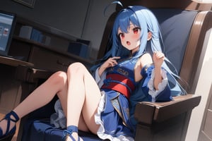 {{{loli}}},four fingers and a thumb,,nice hands, perfect hands, best quality, highly detailed, masterpiece, ultra-detailed, illustration, best quality, highly detailed, masterpiece, ultra-detailed, illustration, long hair, blue hair, red eyes, {{masterpiece}}, small breasts, ahoge, 1girl, {{{blue chinese clothes}}}, {{{{{{{{blue tabard}}}}}}}}, detached sleeves, {{wide sleeves}}, long sleeves, {{frilled sleeves}}, blue skirt, {{frilled skirt}}, {{miniskirt}}, {{obi}}, blue stockings, open toe sandals, Indoors, office, girl sitting on sofa chair ,yawning