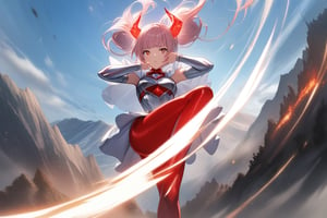 A masterpiece of ultra-detailed illustration depicts a stunning giantess standing confidently on one leg, her pink hair flowing in the wind. Her eyes gleam bright pink as she dons silver and red tights. The focal point is the two small, fiery red horns protruding from her head. She wears a hime-cut hairstyle, framing her face. In the background, towering mountains stretch towards the sky. As she prepares for battle, she charges forward with a mighty round kick, ready to attack the dark lizard monster that looms before her.(Ultraman)