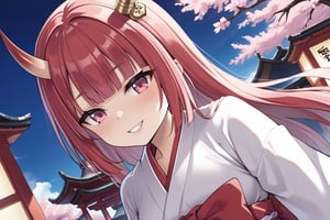  best quality,highly detailed,masterpiece,ultra-detailed,illustration,1girl,solo,{{{{two red little horns in head}}}},oni horns,hime_cut,pink eyes,pink hair,1girl,Japanese witch costume,miko,red japanese miko clothes,score_9