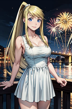 
1girl, masterpiece, best quality, pixiv sample, blonde hair, long hair, ponytail, white ribbon, small smile, pink lips, huge breasts, real blue dress, on the bridge, Fireworks, night view, coffee,winry_rockbell