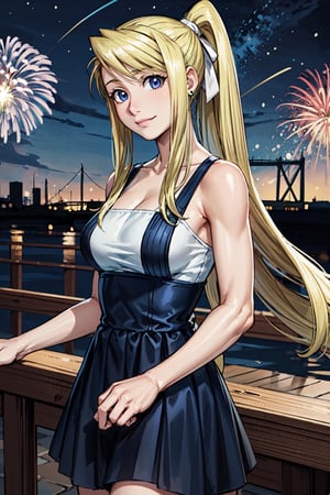 
1girl, masterpiece, best quality, pixiv sample, blonde hair, long hair, ponytail, white ribbon, small smile, pink lips, huge breasts, real blue dress, on the bridge, Fireworks, night view, coffee,winry_rockbell