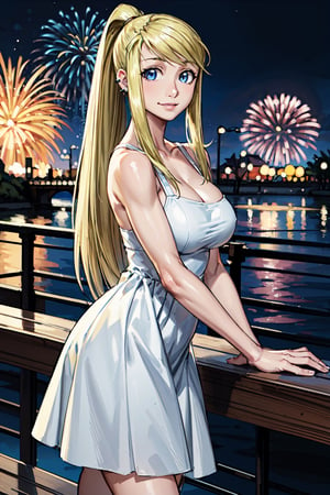 
1girl, masterpiece, best quality, pixiv sample, blonde hair, long hair, ponytail, white ribbon, small smile, pink lips, huge breasts, real blue dress, on the bridge, Fireworks, night view, coffee,winry_rockbell