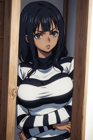 masterpiece, best quality, highres, 2d, masterpiece, best quality, anime, highly detailed face, highly detailed background, perfect lighting, wano, 1girl, solo, short hair, wavy hair, bangs, large breasts, long sleeves, ((dark skin)), silver hair, PrisonerCh, striped prison shirt, black and white stripes,
,wano,Ulti