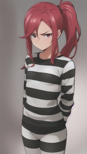 best quality)), ((highly detailed)), masterpiece, anime drawing of one man with red hair, in an anime style, in anime style, erza scarlet, in japanese anime style, very modern anime style, with red hair, (male), (flat chest), older man, (flat_chested), (thick_eyebrows), ((pony_tail)), striped, prison clothes, blue & white stripes, striped_clothes, long_sleeves, striped_shirt, 