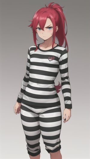 best quality)), ((highly detailed)), masterpiece, anime drawing of one man with red hair, in an anime style, in anime style, erza scarlet, in japanese anime style, very modern anime style, with red hair, (male), (flat chest), older man, (flat_chested), (thick_eyebrows), ((pony_tail)), striped, prison clothes, blue & white stripes, striped_clothes, long_sleeves, striped_shirt, 