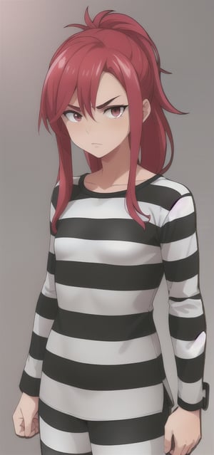 best quality)), ((highly detailed)), masterpiece, anime drawing of one man with red hair, in an anime style, in anime style, erza scarlet, in japanese anime style, very modern anime style, with red hair, (male), (flat chest), older man, (flat_chested), (thick_eyebrows), (pony_tail), striped, prison clothes, black & white stripes, striped_clothes, upper_body, long_sleeves, striped_shirt, handcuffs