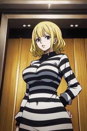 masterpiece, best quality, highres, 2d, masterpiece, best quality, anime, highly detailed face, perfect lighting, wano, 1girl, solo, short hair, wavy hair, bangs, large breasts, long sleeves, blonde, PrisonerCh, striped prison shirt, black and white stripes,
,wano, 