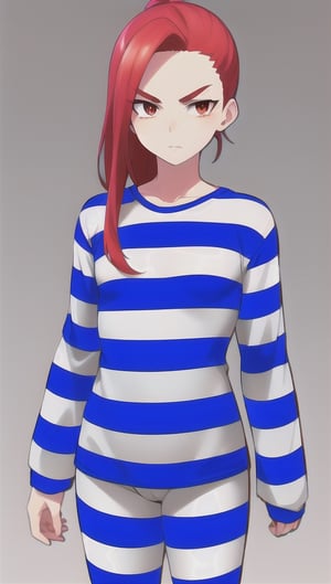 best quality)), ((highly detailed)), masterpiece, anime drawing of one man with red hair, in an anime style, in anime style, erza scarlet, in japanese anime style, very modern anime style, with red hair, (male), (flat chest), older man, (flat_chested), (thick_eyebrows), ((pony_tail)), striped, prison clothes, blue & white stripes, striped_clothes, long_sleeves, striped_shirt, 