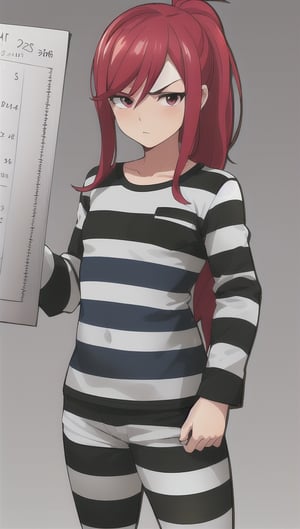 best quality)), ((highly detailed)), masterpiece, anime drawing of one man with red hair, in an anime style, in anime style, erza scarlet, in japanese anime style, very modern anime style, with red hair, (male), (flat chest), older man, (flat_chested), (thick_eyebrows), ((pony_tail)), striped, prison clothes, blue & white stripes, striped_clothes, long_sleeves, striped_shirt, mugshot, height chart, holding sigh