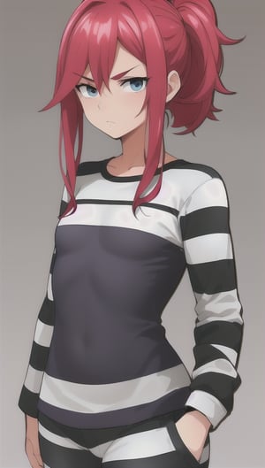 best quality)), ((highly detailed)), masterpiece, anime drawing of one man with red hair, in an anime style, in anime style, erza scarlet, in japanese anime style, very modern anime style, with red hair, (male), (flat chest), older man, (flat_chested), (thick_eyebrows), ((pony_tail)), striped, prison clothes, blue & white stripes, striped_clothes, long_sleeves, striped_shirt, 