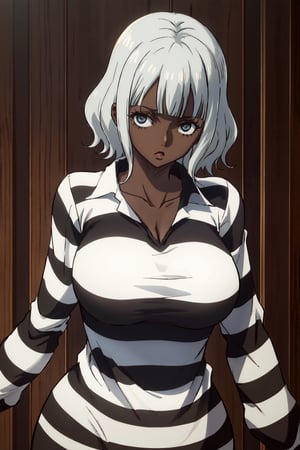 masterpiece, best quality, highres, 2d, masterpiece, best quality, anime, highly detailed face, perfect lighting, wano, 1girl, solo, short hair, wavy hair, bangs, large breasts, long sleeves, ((dark skin)), silver hair, PrisonerCh, striped prison shirt, black and white stripes,
,wano,Ulti