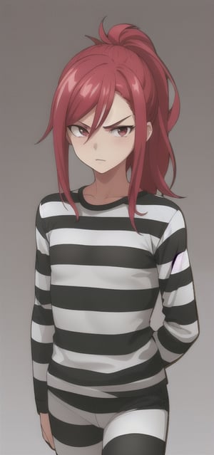 best quality)), ((highly detailed)), masterpiece, anime drawing of one man with red hair, in an anime style, in anime style, erza scarlet, in japanese anime style, very modern anime style, with red hair, (male), (flat chest), older man, (flat_chested), (thick_eyebrows), (pony_tail), striped, prison clothes, black & white stripes, striped_clothes, upper_body, long_sleeves, striped_shirt, v_arms