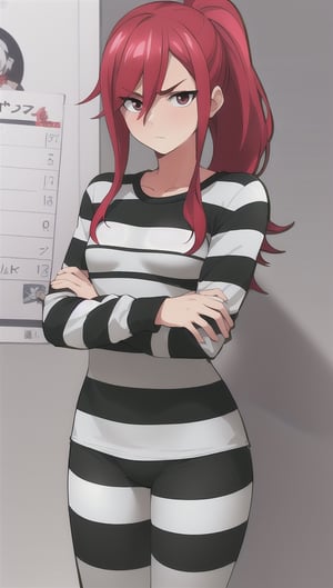 best quality)), ((highly detailed)), masterpiece, anime drawing of one man with red hair, in an anime style, in anime style, erza scarlet, in japanese anime style, very modern anime style, with red hair, (male), (flat chest), older man, (flat_chested), (thick_eyebrows), ((pony_tail)), striped, prison clothes, blue & white stripes, striped_clothes, long_sleeves, striped_shirt, mugshot, height chart, holding a smal sigh with both hands