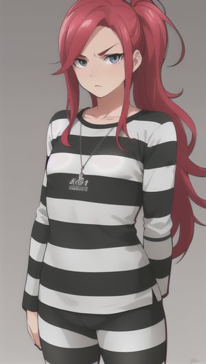 best quality)), ((highly detailed)), masterpiece, anime drawing of one man with red hair, in an anime style, in anime style, erza scarlet, in japanese anime style, very modern anime style, with red hair, (male), (flat chest), older man, (flat_chested), (thick_eyebrows), ((pony_tail)), striped, prison clothes, blue & white stripes, striped_clothes, long_sleeves, striped_shirt, arms_crossed