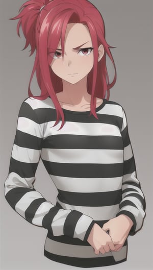 best quality)), ((highly detailed)), masterpiece, anime drawing of one man with red hair, in an anime style, in anime style, erza scarlet, in japanese anime style, very modern anime style, with red hair, (male), (flat chest), older man, (flat_chested), (thick_eyebrows), (pony_tail), striped, prison clothes, black & white stripes, striped_clothes, upper_body, long_sleeves, (striped_shirt), 