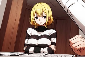 masterpiece, best quality, highres, 2d, masterpiece, best quality, anime, , perfect lighting, wano, 1girl, solo, short hair, wavy hair, bangs, large breasts, long sleeves, blonde, PrisonerCh, striped prison shirt, black and white stripes,
,wano, upper_body, arms_crossed, o neck