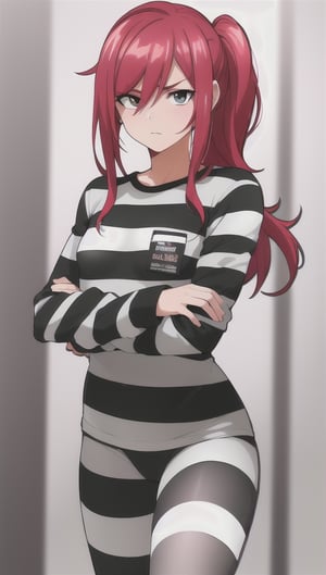 best quality)), ((highly detailed)), masterpiece, anime drawing of one man with red hair, in an anime style, in anime style, erza scarlet, in japanese anime style, very modern anime style, with red hair, (male), (flat chest), older man, (flat_chested), (thick_eyebrows), ((pony_tail)), striped, prison clothes, blue & white stripes, striped_clothes, long_sleeves, striped_shirt, mugshot, height chart, holding a smal sigh with both hands