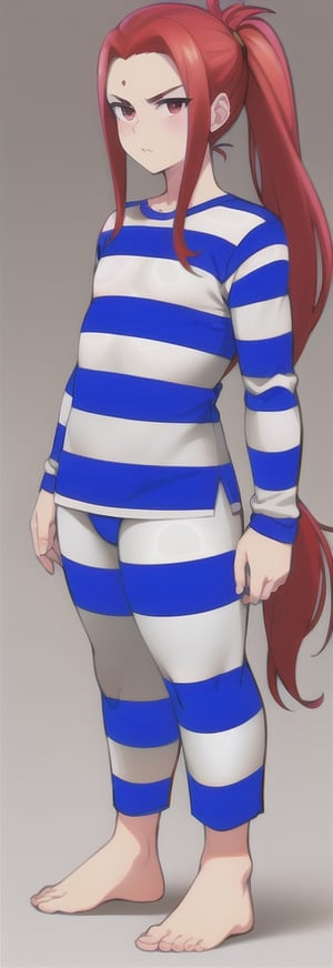 best quality)), ((highly detailed)), masterpiece, anime drawing of one man with red hair, in an anime style, in anime style, erza scarlet, in japanese anime style, very modern anime style, with red hair, (male), (flat chest), older man, (flat_chested), (thick_eyebrows), ((pony_tail)), striped, prison clothes, blue & white stripes, striped_clothes, long_sleeves, striped_shirt, bare_feet, standing, 