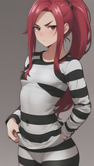 best quality)), ((highly detailed)), masterpiece, anime drawing of one man with red hair, in an anime style, in anime style, erza scarlet, in japanese anime style, very modern anime style, with red hair, (male), older man, (flat_chested), (thick_eyebrows), (pony_tail), striped, prison clothes, black & white stripes, striped_clothes, upper_body, long_sleeves, striped_shirt, 