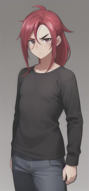 best quality)), ((highly detailed)), masterpiece, anime drawing of one man with red hair, in an anime style, in anime style, erza scarlet, in japanese anime style, very modern anime style, with red hair, (male), (flat chest), older man, (flat_chested), (thick_eyebrows), (pony_tail), striped, prison clothes, black & white stripes, striped_clothes, upper_body, long_sleeves, striped_shirt, 