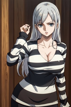 masterpiece, best quality, highres, 2d, masterpiece, best quality, anime, highly detailed face, highly detailed background, perfect lighting, wano, 1girl, solo, long hair, large breasts, long sleeves, dark skin, silver hair, PrisonerCh, striped prison shirt, black and white stripes,
,wano,Ulti