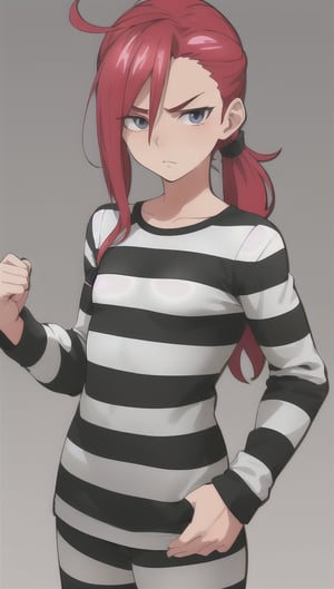 best quality)), ((highly detailed)), masterpiece, anime drawing of one man with red hair, in an anime style, in anime style, erza scarlet, in japanese anime style, very modern anime style, with red hair, (male), (flat chest), older man, (flat_chested), (thick_eyebrows), ((pony_tail)), striped, prison clothes, blue & white stripes, striped_clothes, long_sleeves, striped_shirt, mugshot, height chart, holding a smal sigh with both hands