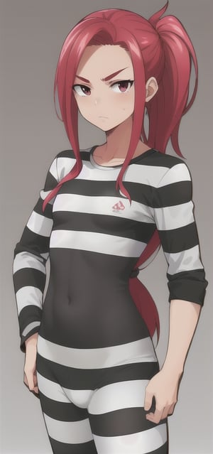 best quality)), ((highly detailed)), masterpiece, anime drawing of one man with red hair, in an anime style, in anime style, erza scarlet, in japanese anime style, very modern anime style, with red hair, (male), (flat chest), older man, (flat_chested), (thick_eyebrows), (pony_tail), striped, prison clothes, black & white stripes, striped_clothes, upper_body, long_sleeves, striped_shirt, 