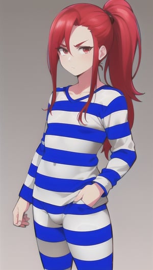 best quality)), ((highly detailed)), masterpiece, anime drawing of one man with red hair, in an anime style, in anime style, erza scarlet, in japanese anime style, very modern anime style, with red hair, (male), (flat chest), older man, (flat_chested), (thick_eyebrows), ((pony_tail)), striped, prison clothes, blue & white stripes, striped_clothes, long_sleeves, striped_shirt, 