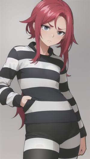 best quality)), ((highly detailed)), masterpiece, anime drawing of one man with red hair, in an anime style, in anime style, erza scarlet, in japanese anime style, very modern anime style, with red hair, (male), (flat chest), older man, (flat_chested), (thick_eyebrows), ((pony_tail)), striped, prison clothes, blue & white stripes, striped_clothes, long_sleeves, striped_shirt, mugshot, height chart, holding a smal sigh with both hands