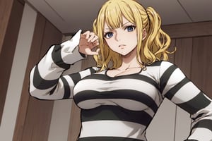 masterpiece, best quality, highres, 2d, masterpiece, best quality, anime, highly detailed face, perfect lighting, wano, 1girl, solo, short hair, wavy hair, bangs, large breasts, long sleeves, blonde, PrisonerCh, striped prison shirt, black and white stripes,
,wano, upper_body, arms_crossed, standing, o neck