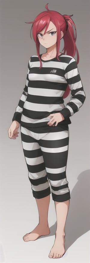 best quality)), ((highly detailed)), masterpiece, anime drawing of one man with red hair, in an anime style, in anime style, erza scarlet, in japanese anime style, very modern anime style, with red hair, (male), (flat chest), older man, (flat_chested), (thick_eyebrows), ((pony_tail)), striped, prison clothes, black & white stripes, striped_clothes, long_sleeves, striped_shirt, bare_feet, standing, 