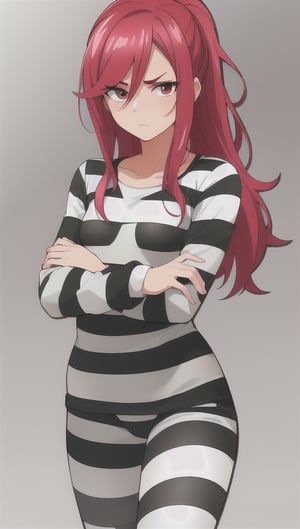 best quality)), ((highly detailed)), masterpiece, anime drawing of one man with red hair, in an anime style, in anime style, erza scarlet, in japanese anime style, very modern anime style, with red hair, (male), (flat chest), older man, (flat_chested), (thick_eyebrows), ((pony_tail)), striped, prison clothes, blue & white stripes, striped_clothes, long_sleeves, striped_shirt, mugshot, height chart, holding a smal sigh with both hands