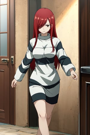 masterpiece, best quality, highres, fairy tail, 1girl, long hair, red hair, brown eyes,  hair over one eye, standing, ,fairy tail, walking, upset, PrisonerCh, striped prison shirt, black and white stripes,
