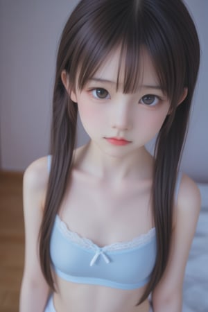 (angry),(((loli))),((((11 years old girl)))),(((pale skin))),((youngest age)),blush face,make up,more 
fringe,long brown hair,((((Low twintails)))),(((sports bra))),lace choker,lace Armband,indoor,bedroom,night,((())),fron front,(((pale skin)),((huge breast)),artificail lighting, (analogue, film grain:1.2), light leak, shallow depth of field, RAW,,(((Small frame body))),(((from above))),