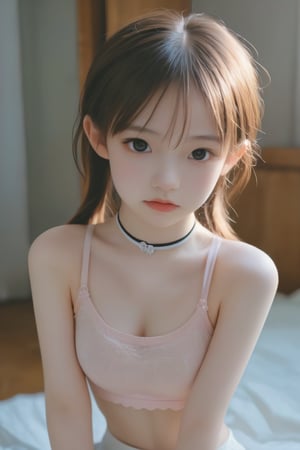 (angry),(((loli))),((((11 years old girl)))),(((pale skin))),((youngest age)),blush face,make up,more 
fringe,long brown hair,((((Low twintails)))),(((sports bra))),lace choker,lace Armband,indoor,bedroom,night,((())),fron front,(((pale skin)),((huge breast)),()),Milk breast,artificail lighting, (analogue, film grain:1.2), light leak, shallow depth of field, RAW,(((uper body)))),(((Small frame body))),((())),((((from above)))),