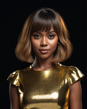 Extremely Realistic, A cute lady at the age of 26, with bangs hair styler, natural skin tones, detailed accurate facial features, natural skin texture, wearing a golden shimmery dress in a studio with black background

In frame, accurate perspective, vibrant, Sharp, focus, Clear, vibrant colors, vibrant lighting, natural lighting,  natural setting, realism, naturalism, detailed, Natural, realistic, high contrast, natural color contrast, photo, accurate, rich colors, bold, accurate colors, eye-catching, professional, authentic, real, cinematic, photo-perfect, lifelike, accurate details, detailed surroundings, accurate shadows & highlights, accurate lighting, photorealistic, high resolution, ultra detail, hyperrealistic, 8K,